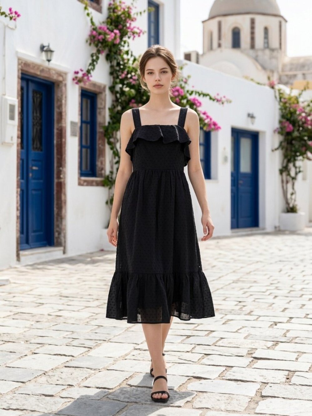 J.Crew Black Swiss Dot Ruffle Midi Dress Size 10 Cotton Lined